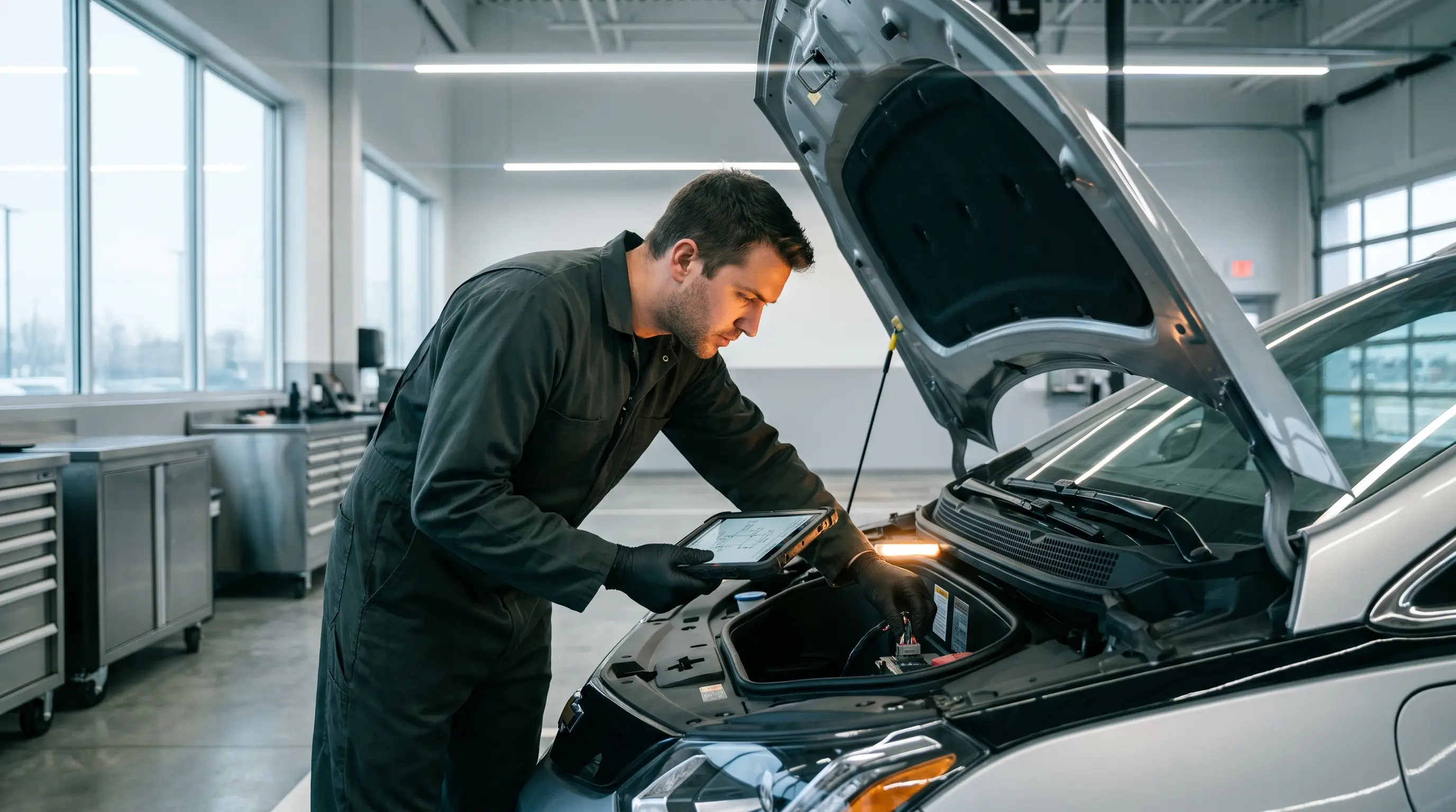 A technician leaning over the open bonnet of an electric car in a service bay, holding a diagnostic tablet showing a wiring diagram while tracing a harness connector by hand.